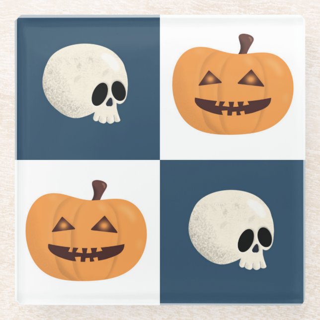 Skulls and Pumpkins Checks Glass Coaster (Front)