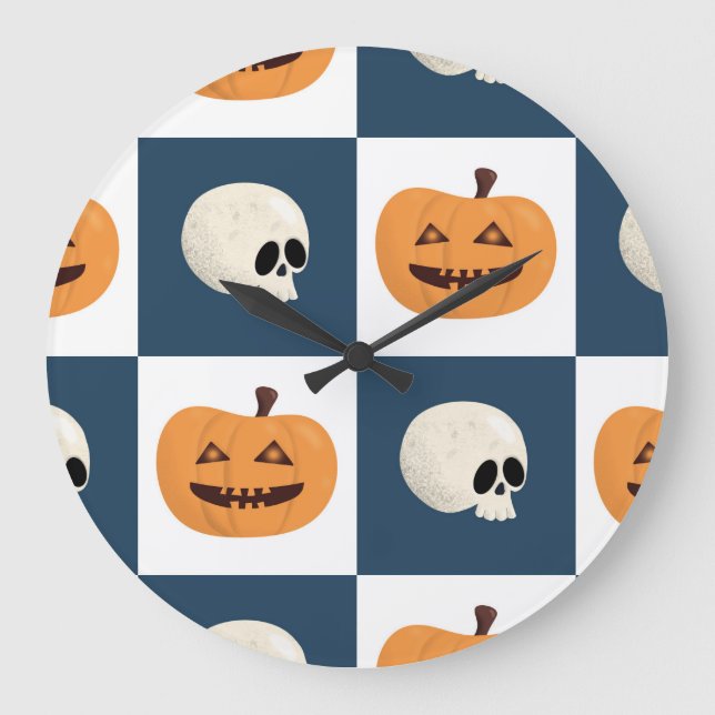 Skulls and Pumpkins Checks Large Clock (Front)