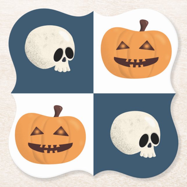 Skulls and Pumpkins Checks Paper Coaster (Front)