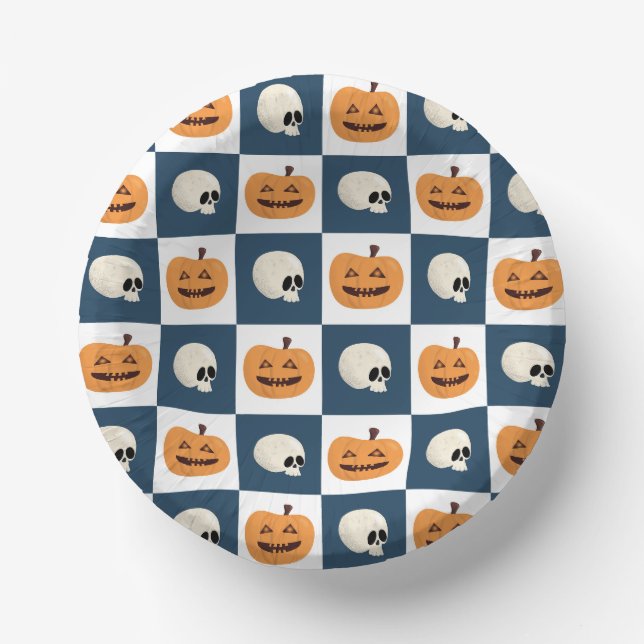 Skulls and Pumpkins Checks Paper Plate (Front)