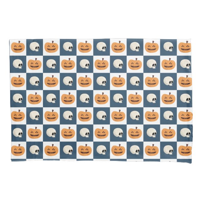 Skulls and Pumpkins Checks Pillowcase (Front-Left)