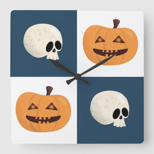 Skulls and Pumpkins Checks Square Wall Clock (Front)