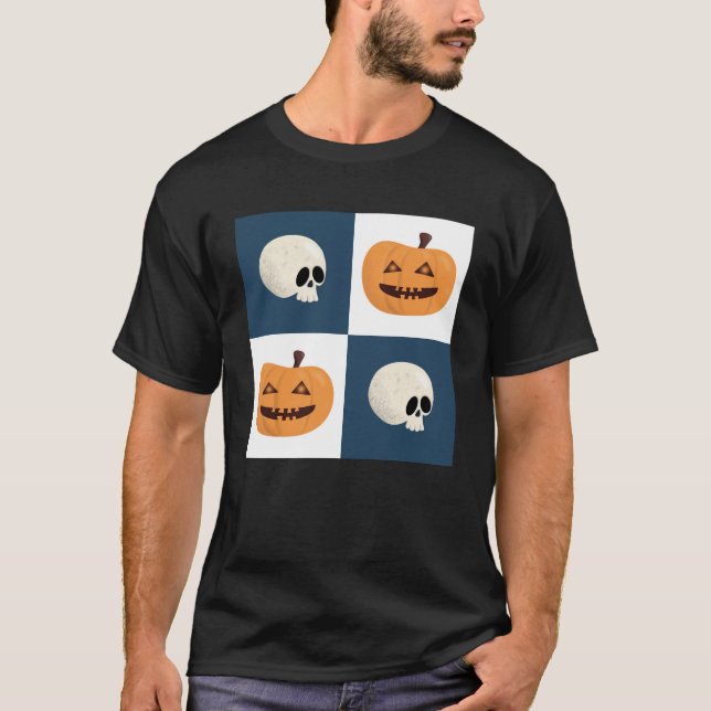 Skulls and Pumpkins Checks T-Shirt (Front)