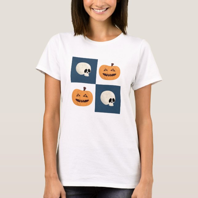 Skulls and Pumpkins Checks T-Shirt (Front)