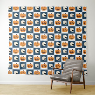 Skulls and Pumpkins Checks Tapestry