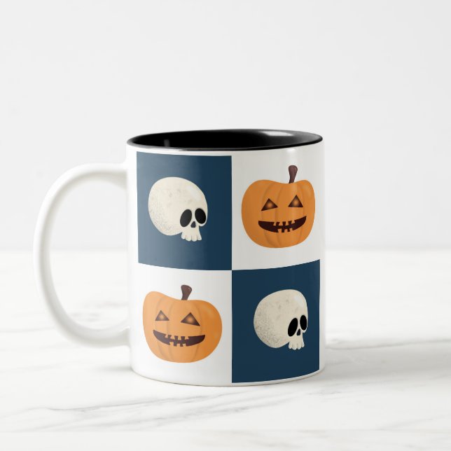 Skulls and Pumpkins Checks Two-Tone Coffee Mug (Left)