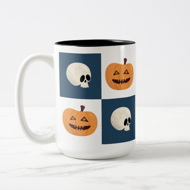 Skulls and Pumpkins Checks Two-Tone Coffee Mug (Left)