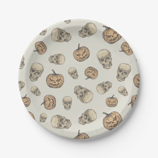 Skulls and Pumpkins Halloween Pattern Paper Plate (Front)