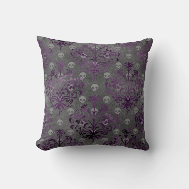 Skulls and Purple Damask on Grey Cushion (Front)