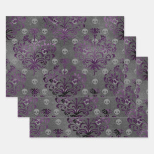 Skulls and Purple Damask on Grey Wrapping Paper Sheet
