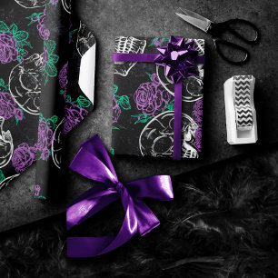 Skulls and Purple Roses   Dark Gothic Grunge Glam Wrapping Paper