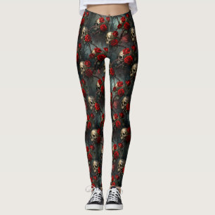 Skulls and Red Climbing Rose Leggings