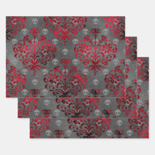 Skulls and Red Damask on Grey Wrapping Paper Sheet
