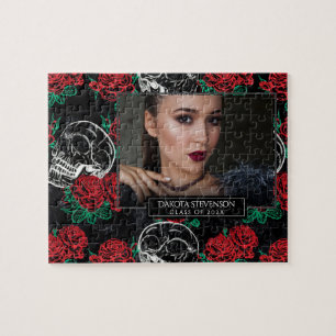 Skulls and Red Roses   Glam Goth Graduation Photo Jigsaw Puzzle