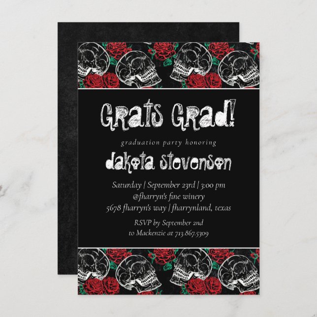 Skulls and Red Roses | Modern Glam Goth Graduation Invitation (Front/Back)