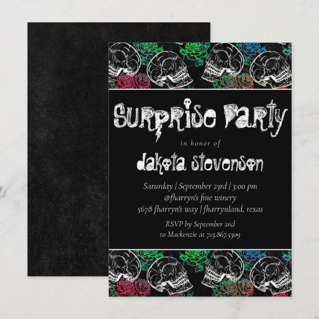 Skulls and Red Roses | Modern Goth Surprise Party Invitation (Front/Back)