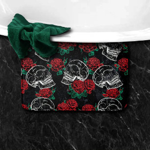 Skulls and Red Roses   Modern Gothic Glam Grunge Bath Mat
