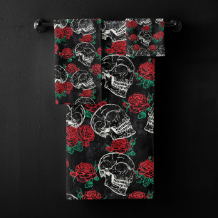 Skulls and Red Roses Modern Gothic Glam Grunge Bath Towel Set