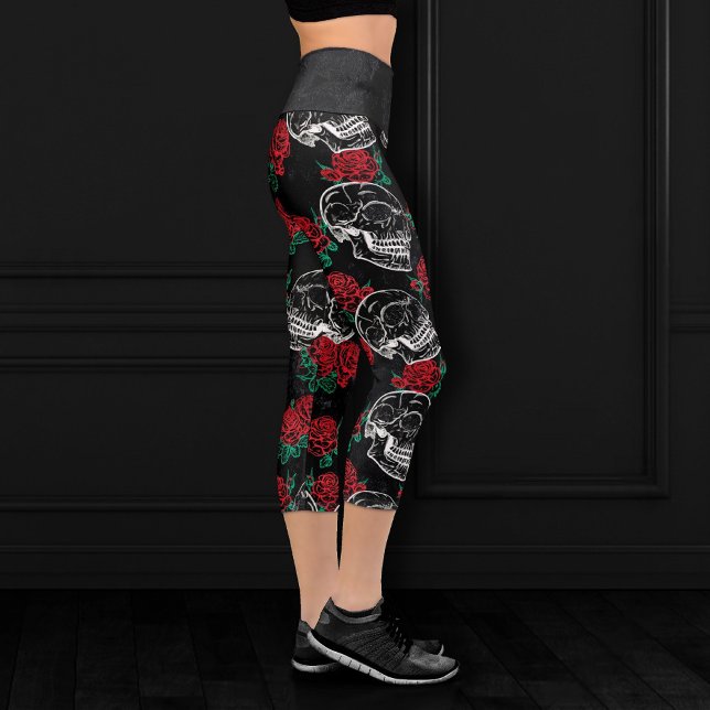 Skulls and Red Roses | Modern Gothic Glam Grunge Capri Leggings (Creator Uploaded)