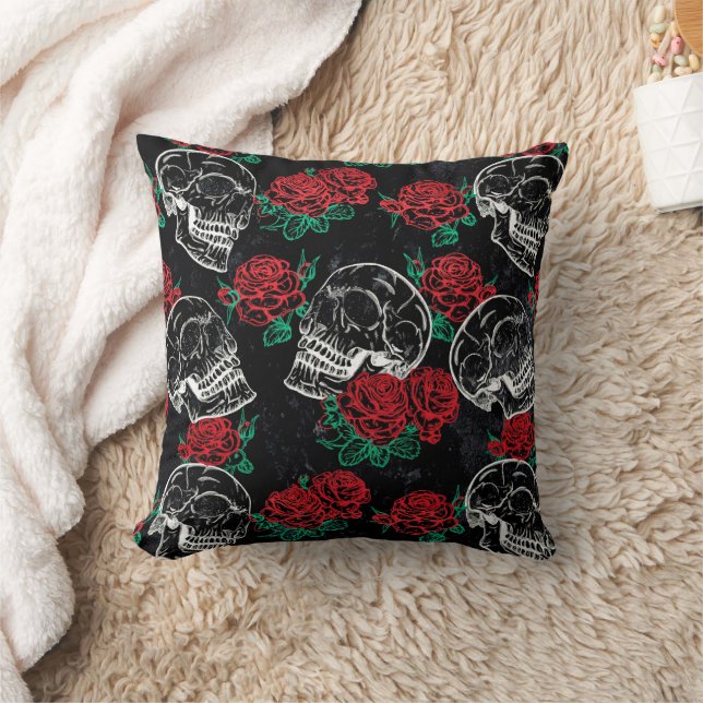 Skulls and Red Roses | Modern Gothic Glam Grunge Cushion (Blanket)