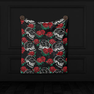 Skulls and Red Roses   Modern Gothic Glam Grunge Fleece Blanket