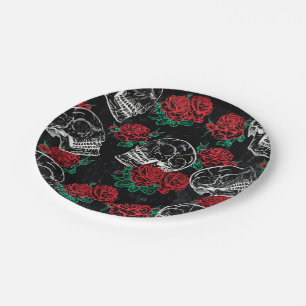 Skulls and Red Roses   Modern Gothic Glam Grunge Paper Plate