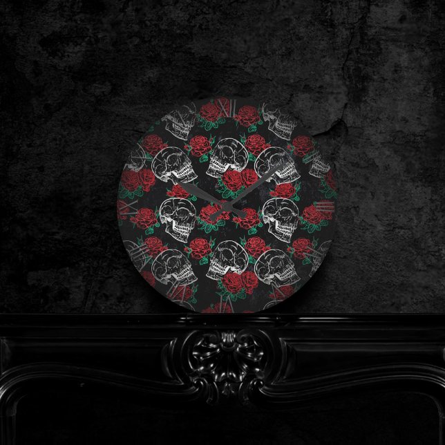 Skulls and Red Roses | Modern Gothic Glam Grunge Round Clock (Creator Uploaded)