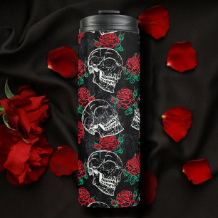 Skulls and Red Roses Modern Gothic Glam Grunge Thermal Tumbler