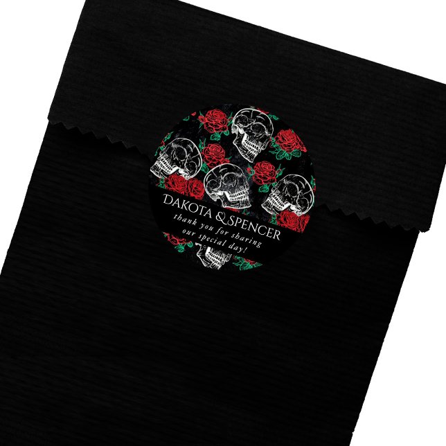 Skulls and Red Roses | Modern Gothic Thank You Classic Round Sticker (Creator Uploaded)