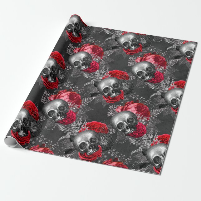Skulls and Red Roses on Grey Wrapping Paper (Unrolled)