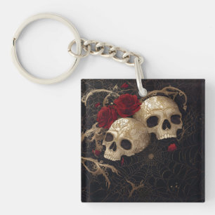 Skulls and red roses style design key ring