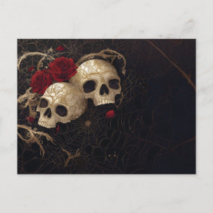 Skulls and red roses style design postcard