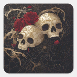 Skulls and red roses style design square sticker