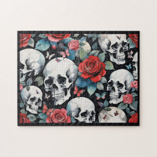 Skulls and Red Roses with Butterflies Black Jigsaw Puzzle