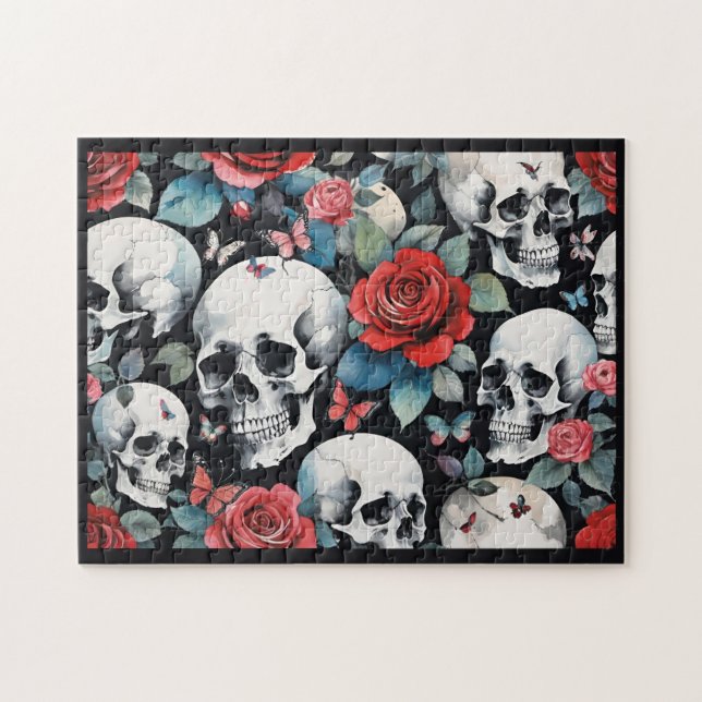Skulls and Red Roses with Butterflies Black Jigsaw Puzzle (Horizontal)