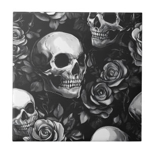 Skulls And Roses Black Gothic Ceramic Tile