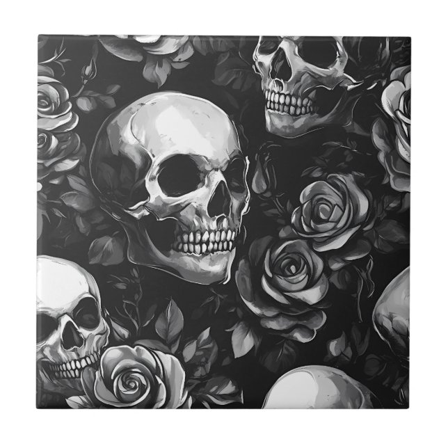 Skulls And Roses Black Gothic Ceramic Tile (Front)