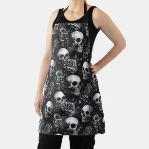 Skulls And Roses Black Halloween Apron