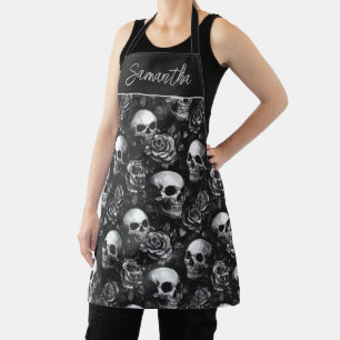 Skulls And Roses Black Halloween Apron