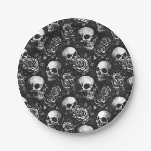 Skulls And Roses Black Halloween Paper Plate