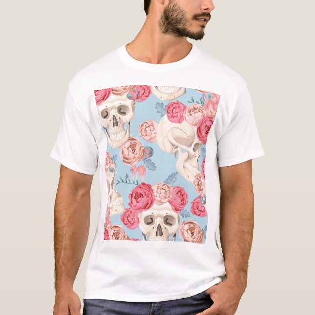 Skulls and Roses Vintage Pattern T-Shirt (Front)