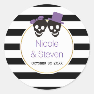 Skulls and stripes purple Halloween wedding Classic Round Sticker