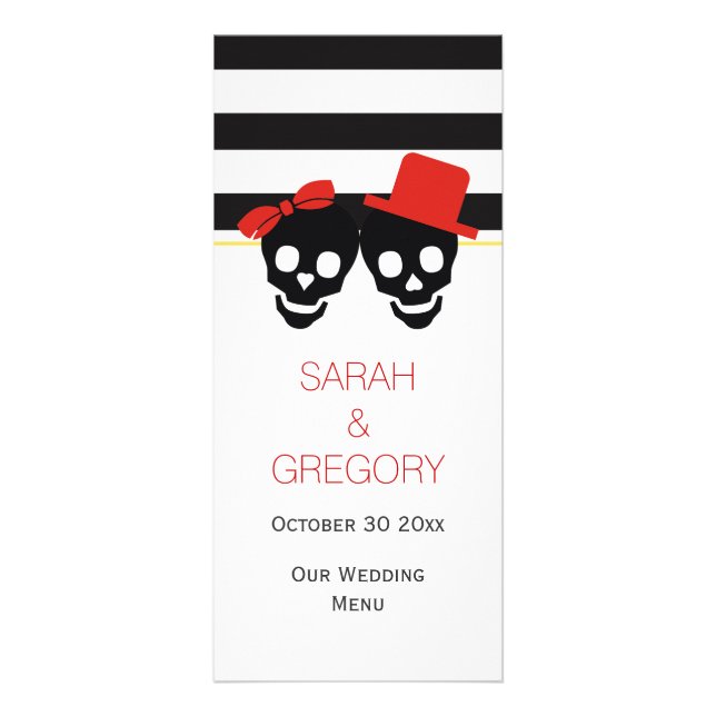 Skulls and stripes red Halloween wedding menu card (Front)