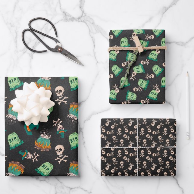 Skulls and Tombstone Halloween Wrapping Paper Sheet (Front)