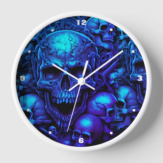 Skulls Assorted Blue Scary Gothic Halloween Biker Clock (Front)