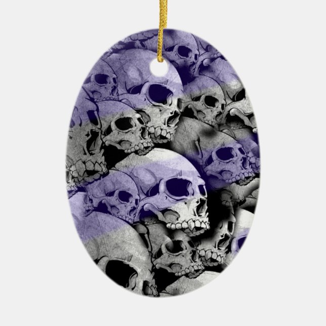 Skulls (blue highlights) ceramic tree decoration (Front)
