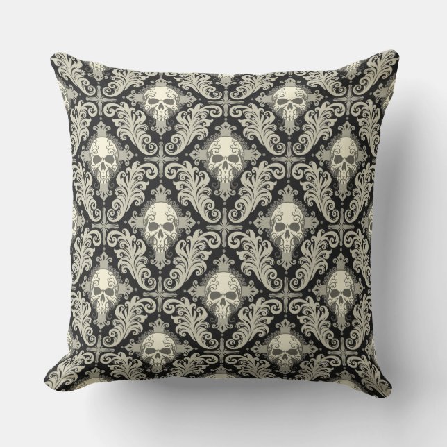 Skulls & Crosses Black and Cream Damask Pattern Cushion (Front)
