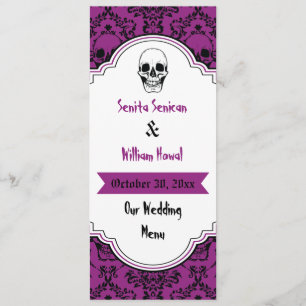 Skulls damask black, purple wedding menu card