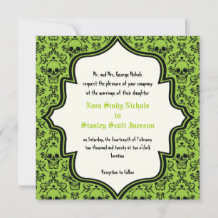 Skulls damask green, black Halloween wedding Invitation