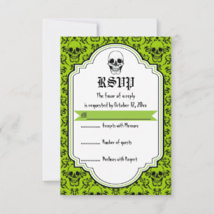 Skulls damask green, black Halloween wedding RSVP